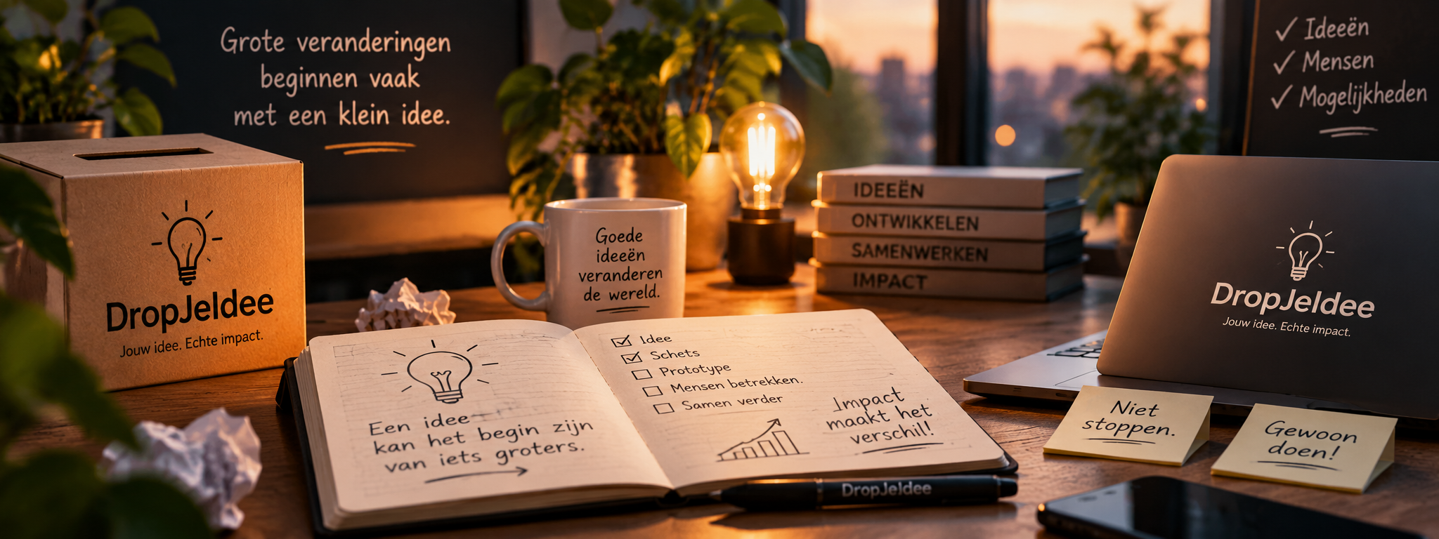 Werktafel met ideeën, schetsen en prototype - het ontstaan van DropJeIdee